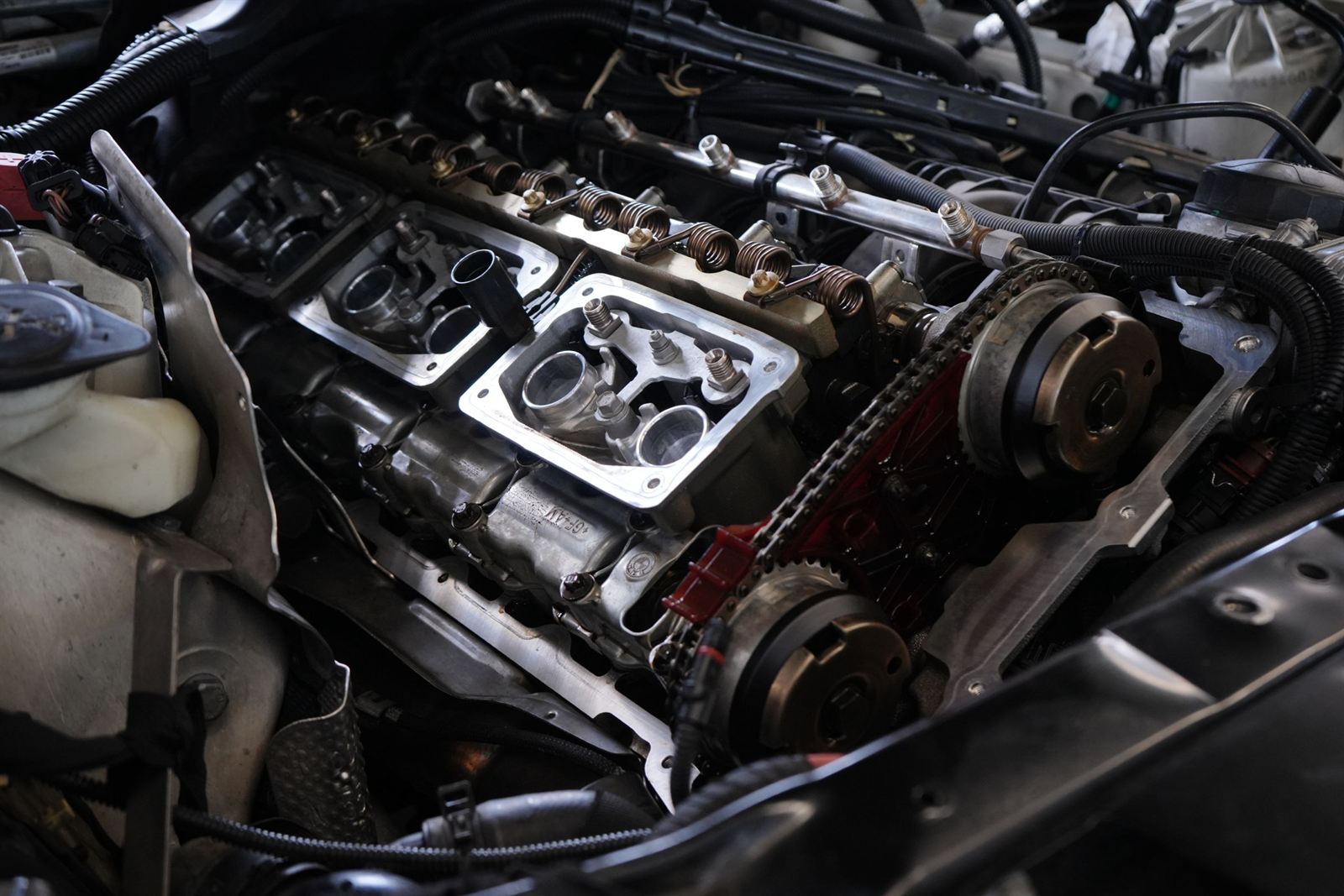 Looking down into an engine bay with the cam cover removed, valve springs and the timing chain over its sprockets in view.